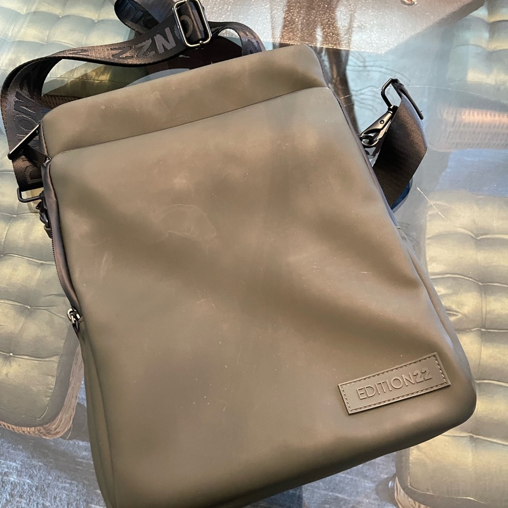 Gray Neoprene Messenger Bag with Adjustable Strap and Flap Closure
